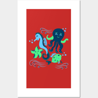 Aqua ocean animals - sea horse, star fish, octopus, fish Posters and Art